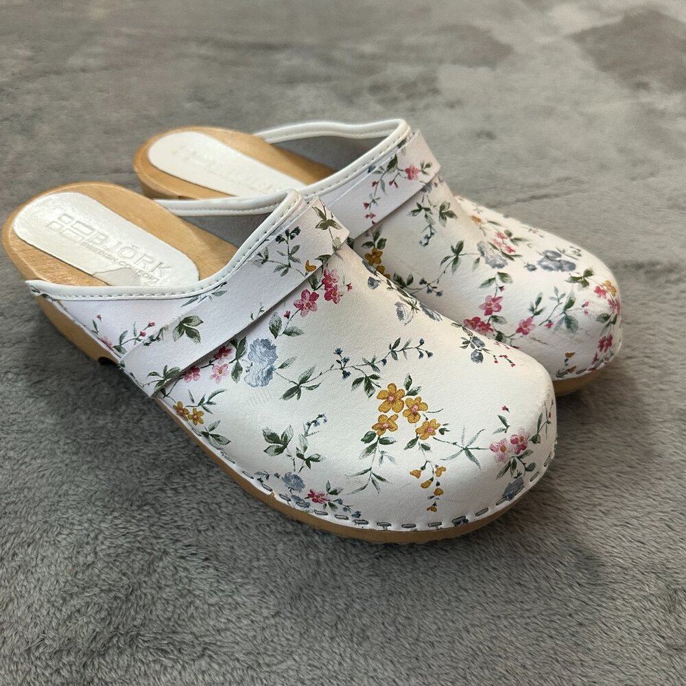 Bjork Swedish Slip On Clogs Mules Shoes Floral White Women's 42 US 10.5 11